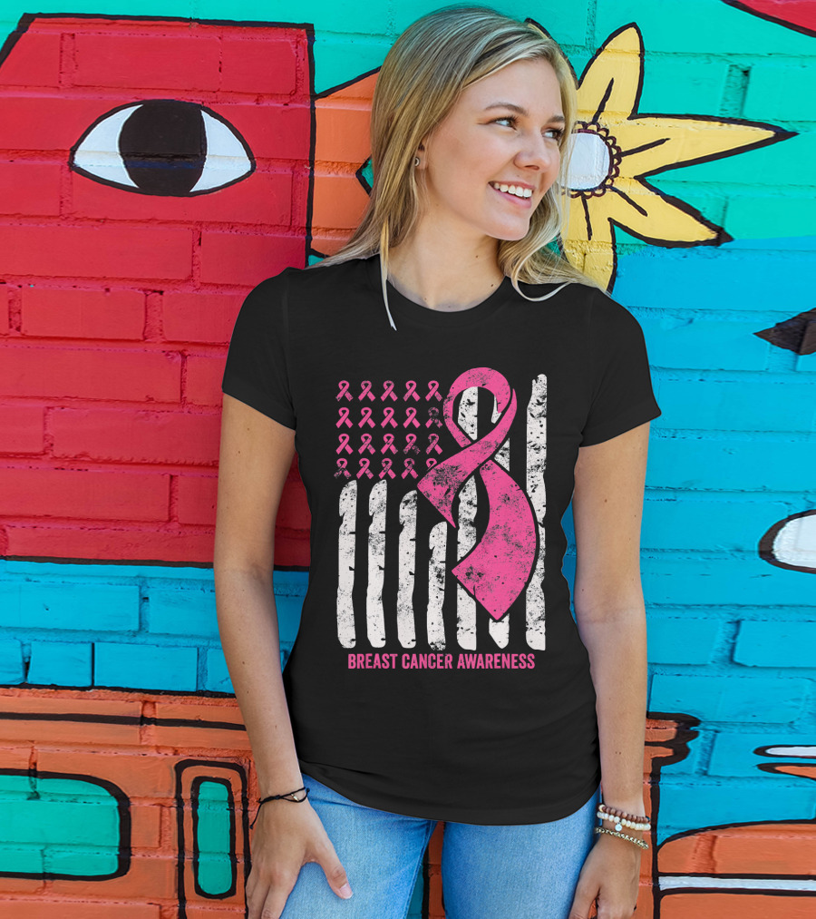Breast Cancer Awareness Distress Pink Ribbon American Flag T-Shirt