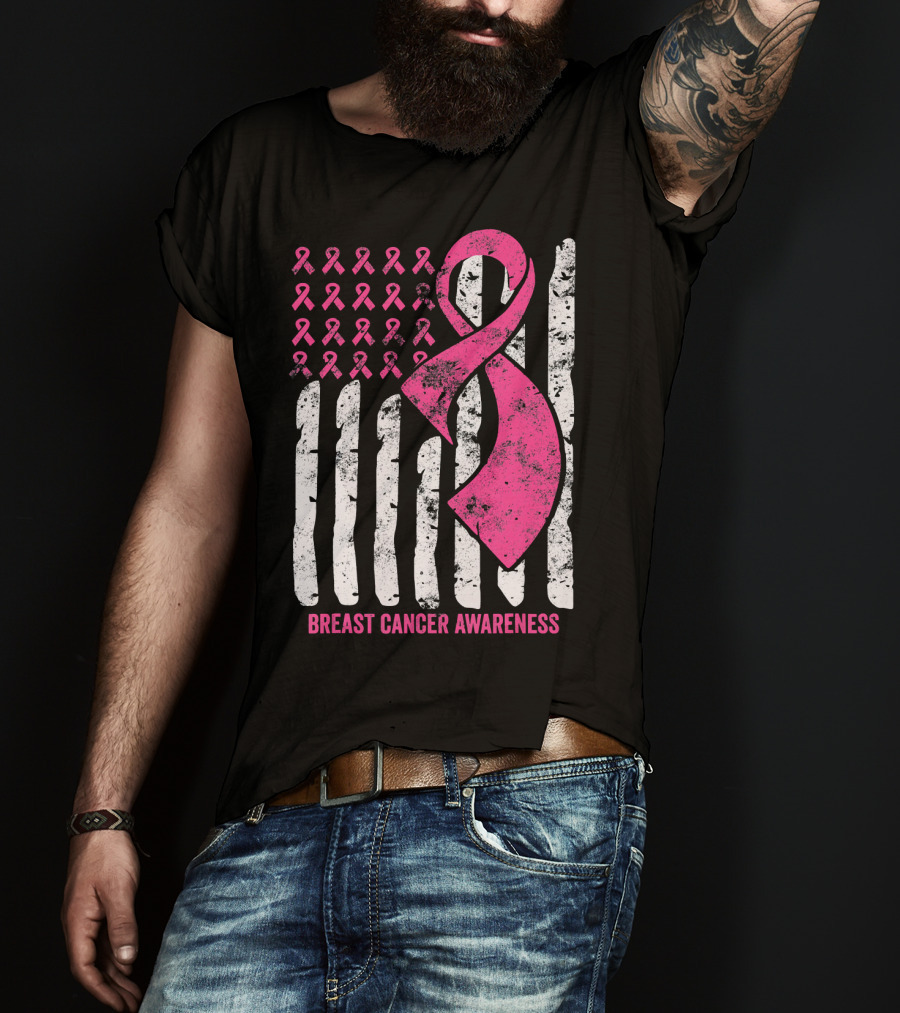 Breast Cancer Awareness Distress Pink Ribbon American Flag T-Shirt