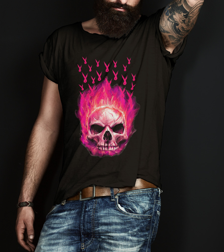 Halloween Skull Flaming Pink Ribbon Breast Cancer Awareness T-Shirt