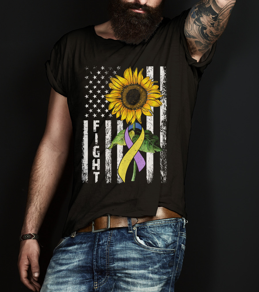 USA Flag Sunflower Fight Ribbon Bladder Cancer T-Shirt