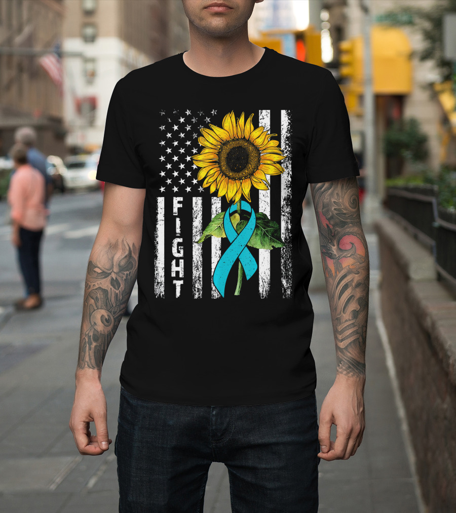 America Flag Sunflower Teal Ribbon Ovari Fight T-Shirt