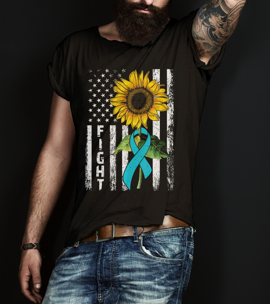 America Flag Sunflower Teal Ribbon Ovari Fight T-Shirt
