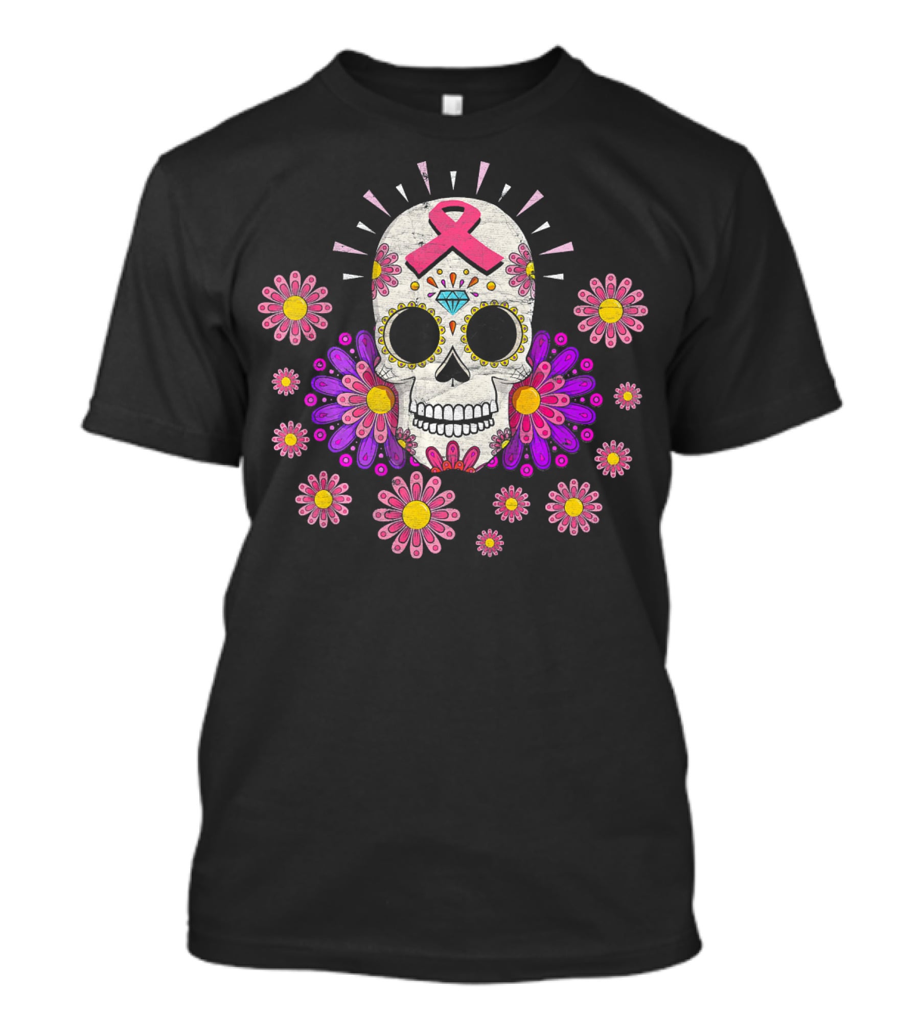 Breast Cancer Awareness Sugar Skull Pink Ribbon Floral Accents T-Shirt