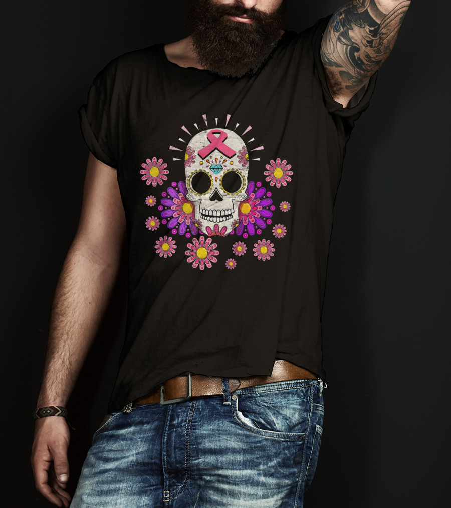 Breast Cancer Awareness Sugar Skull Pink Ribbon Floral Accents T-Shirt