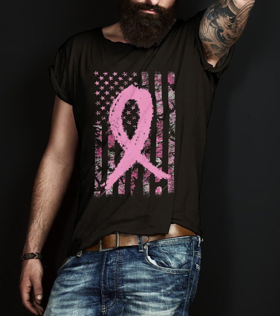 Pink Breast Cancer Ribbon Camouflage American Flag T-Shirt