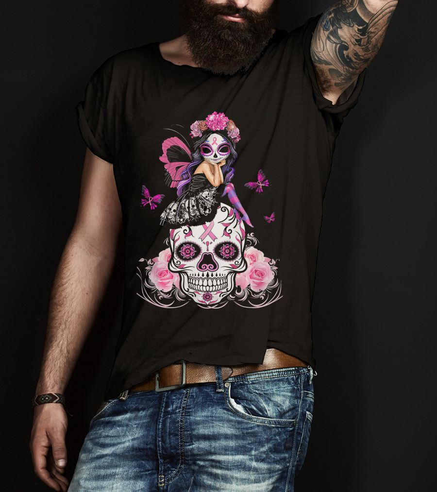Cute Fairy Sugar Skull Breast Cancer Awareness T-Shirt