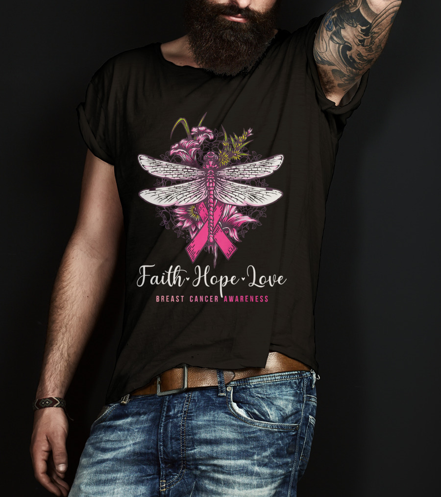 Faith Hope Love Breast Cancer Awareness Dragonfly Pink Ribbon Floral Motif T-Shirt