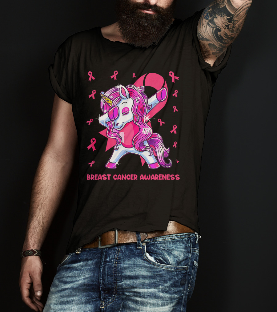 Breast Cancer Awareness Dabbing Unicorn Pink T-Shirt