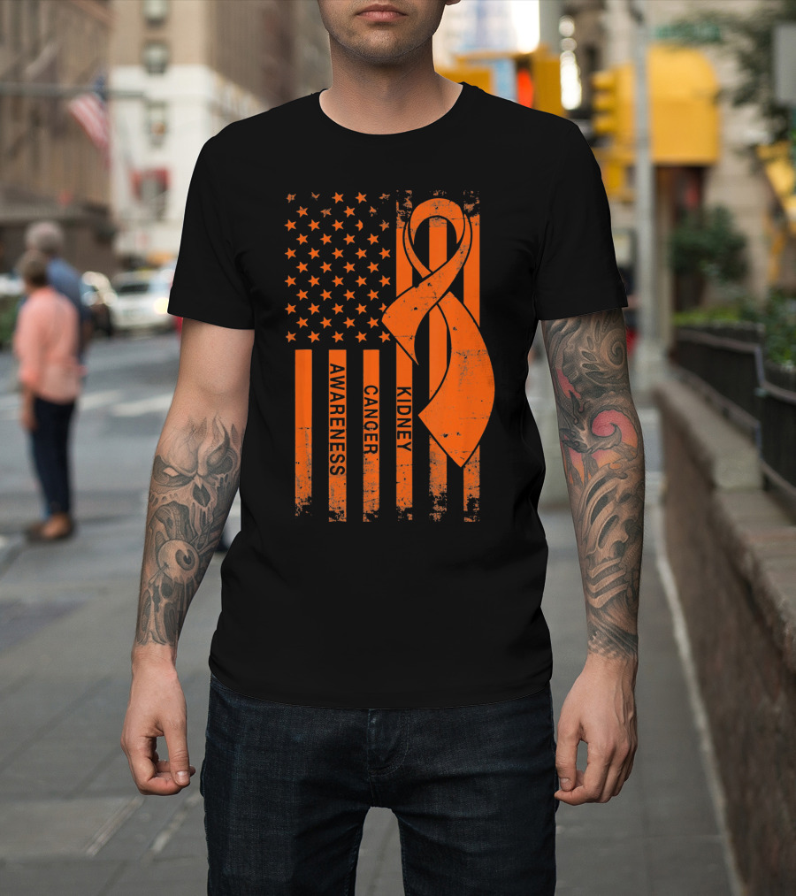 Kidney Cancer Awareness Orange Ribbon American Flag T-Shirt