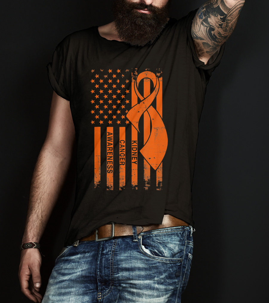 Kidney Cancer Awareness Orange Ribbon American Flag T-Shirt