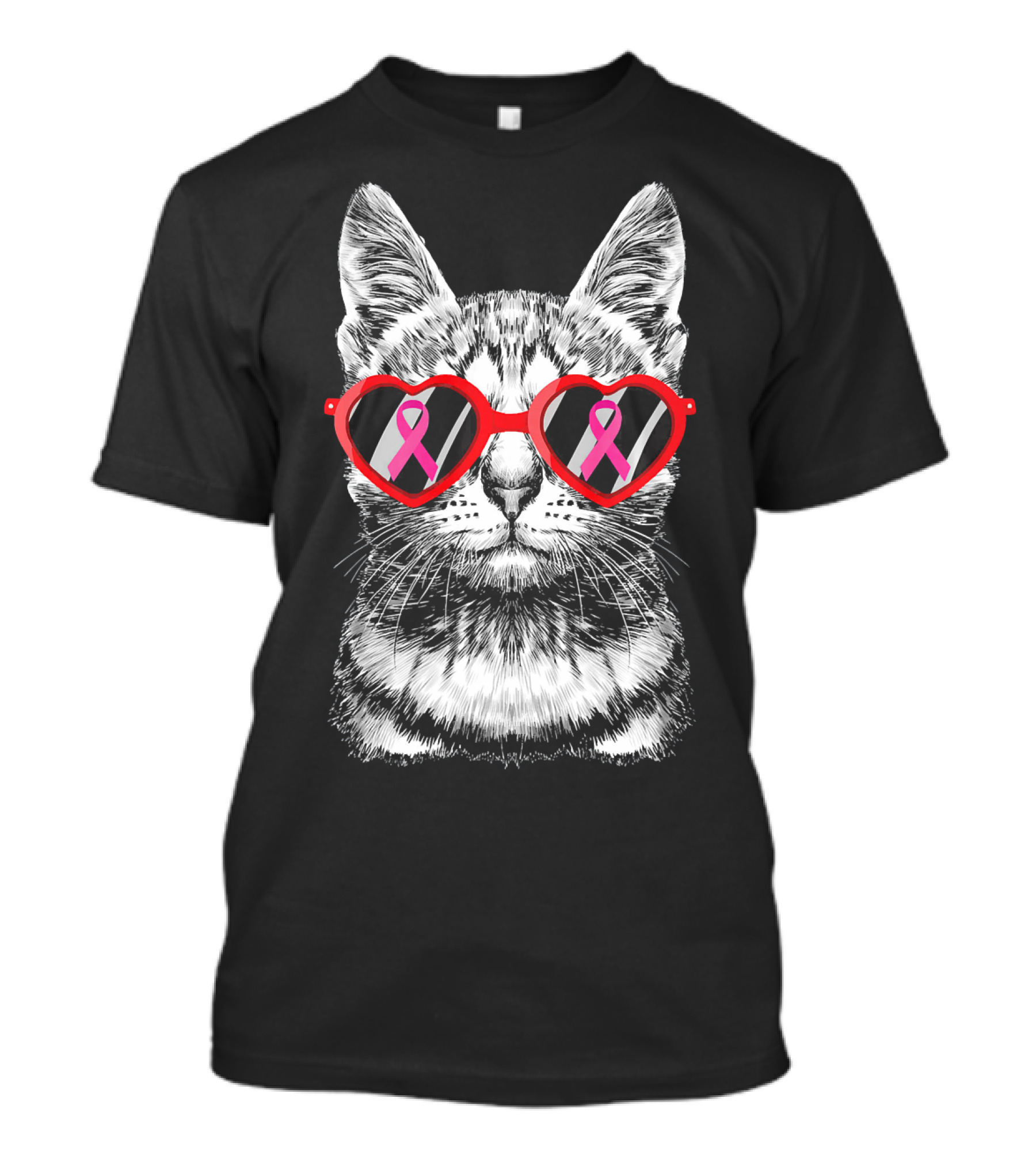 Breast Cancer Awareness Pink Ribbon Cat Heart Glasses Costume T-Shirt