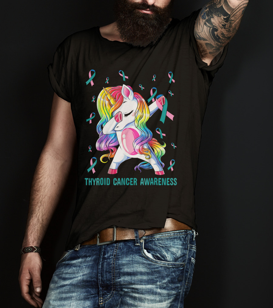 Dabbing Unicorn Rainbow Thyroid Cancer Awareness T-Shirt