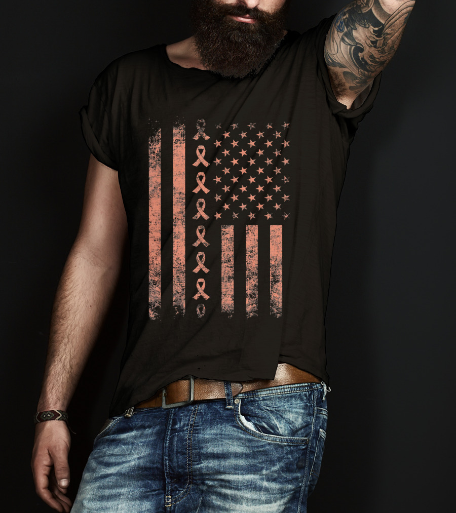 Uterine Cancer Awareness Ribbon American Flag Peac T-Shirt