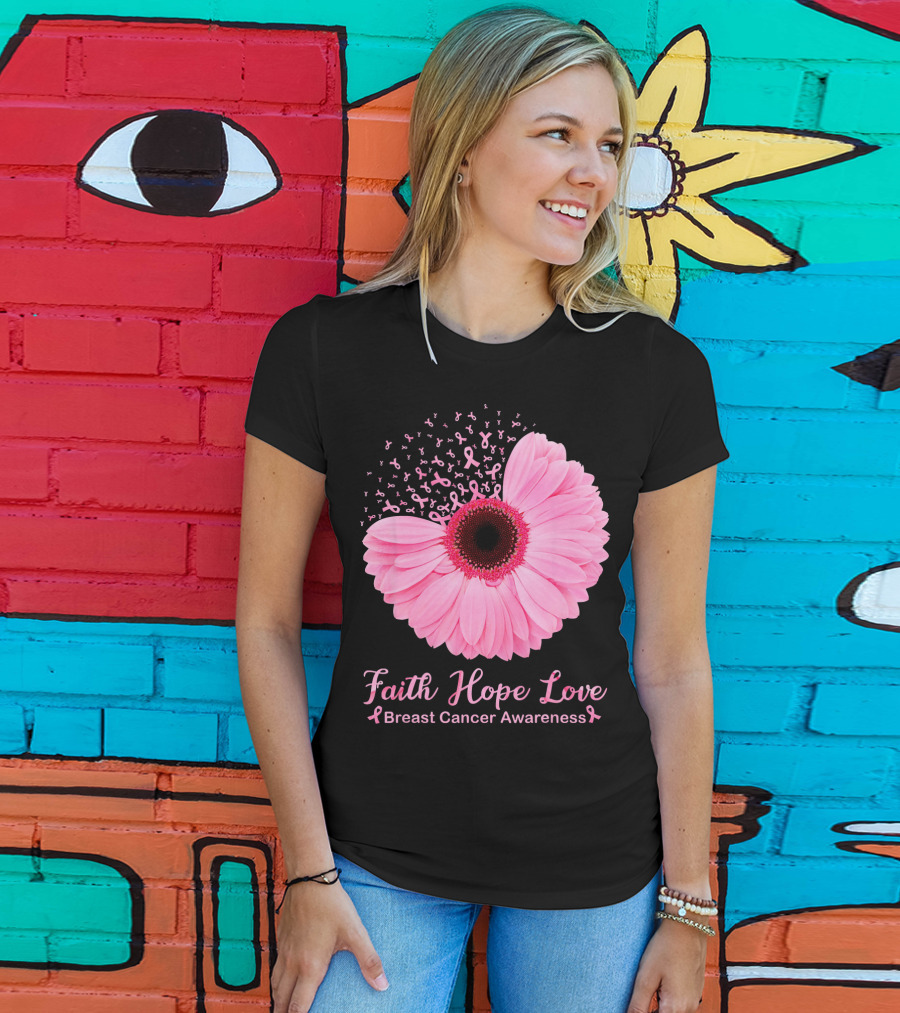 Faith Hope Love Breast Cancer Awareness Pink Ribbon Blossoms T-Shirt