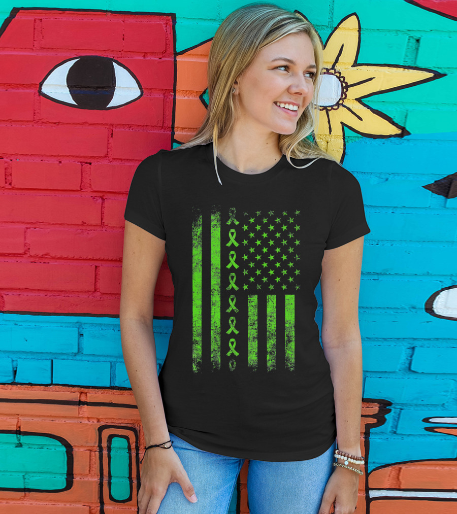 Lymphoma Cancer Awareness Lime Green Ribbon American Flag T-Shirt