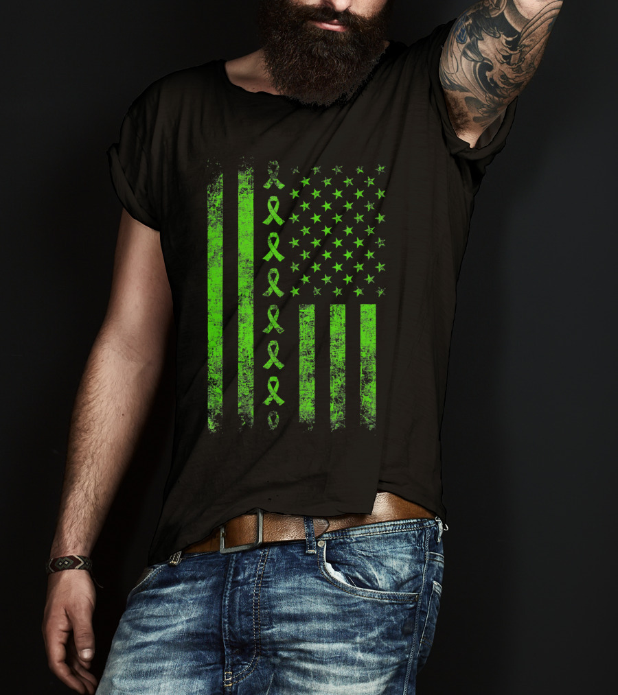 Lymphoma Cancer Awareness Lime Green Ribbon American Flag T-Shirt