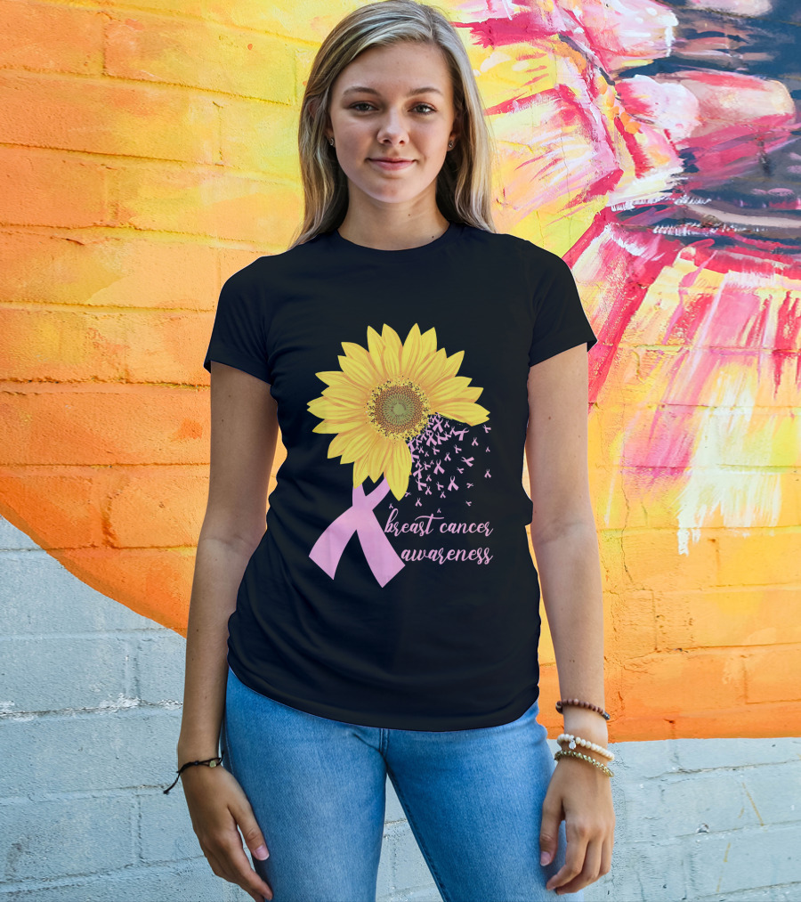 Breast Cancer Awareness Sunflower Pink Ribbon T-Shirt