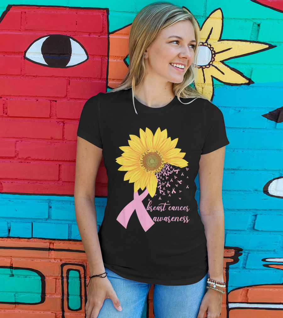 Breast Cancer Awareness Sunflower Pink Ribbon T-Shirt
