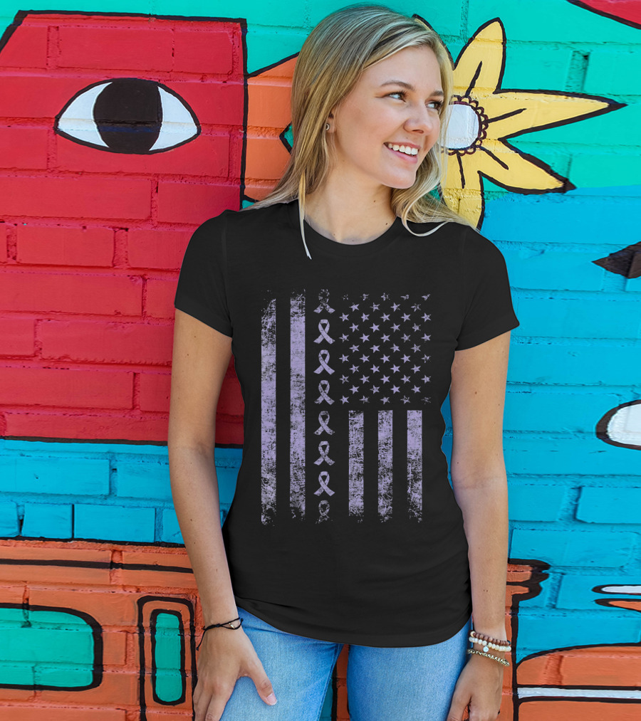 Orchid Testicular Cancer Awareness Purple Ribbon US Flag T-Shirt