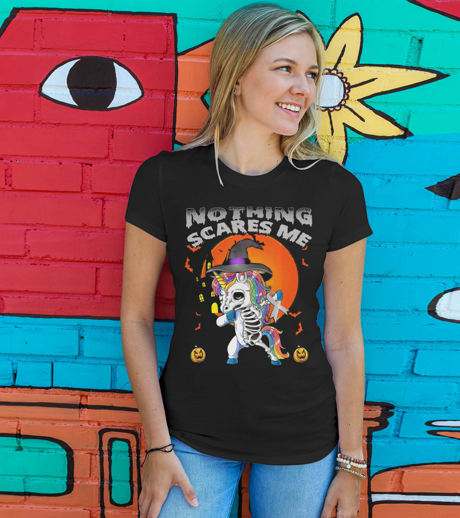 Nothing Scares Me Brain Cancer Dabbing Unicorn Skeleton T-Shirt