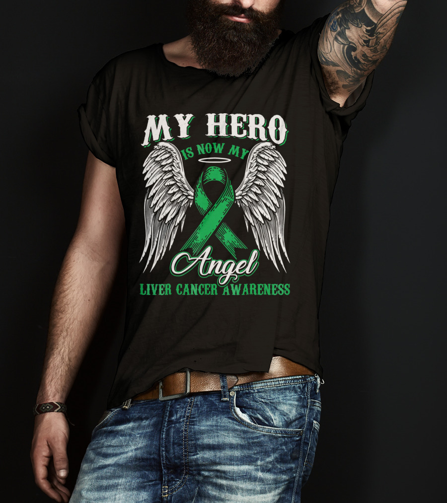 My Hero Is Now My Angel Liver Cancer Awareness Ribbon Wings Halo T-Shirt