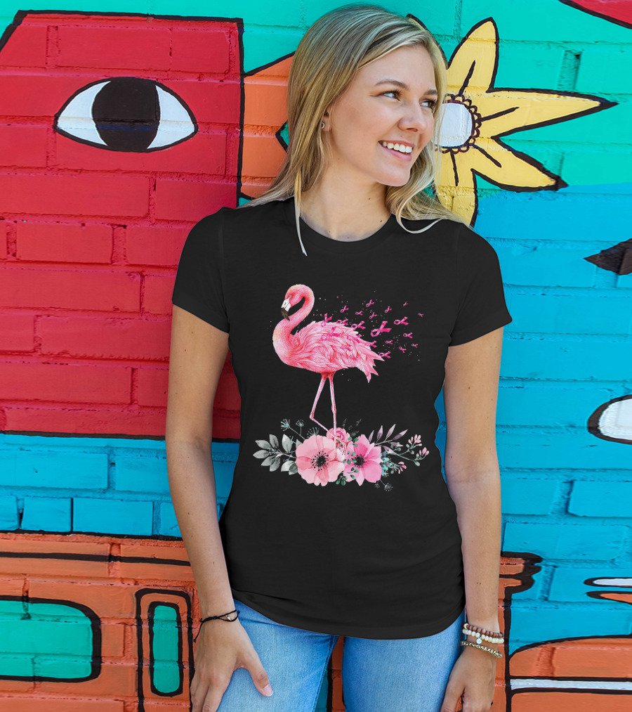 Flamingo Hope Breast Cancer Awareness Flower T-Shirt