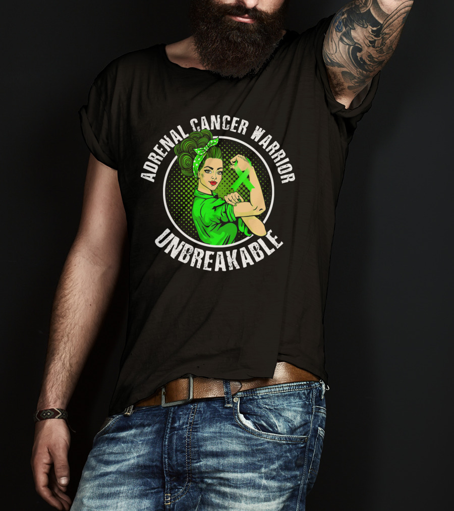 Adrenal Cancer Warrior Unbreakable Rosie The Riveter Green T-Shirt