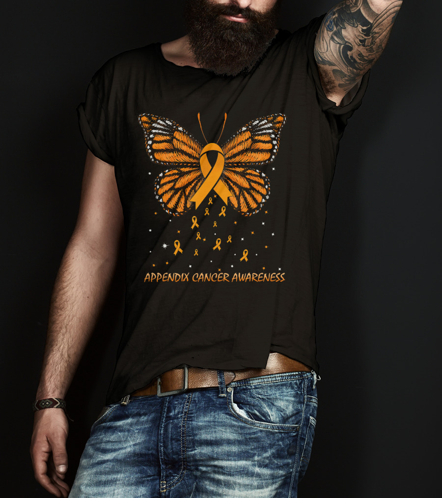 Appendix Cancer Awareness Orange Ribbon Butterfly T-Shirt