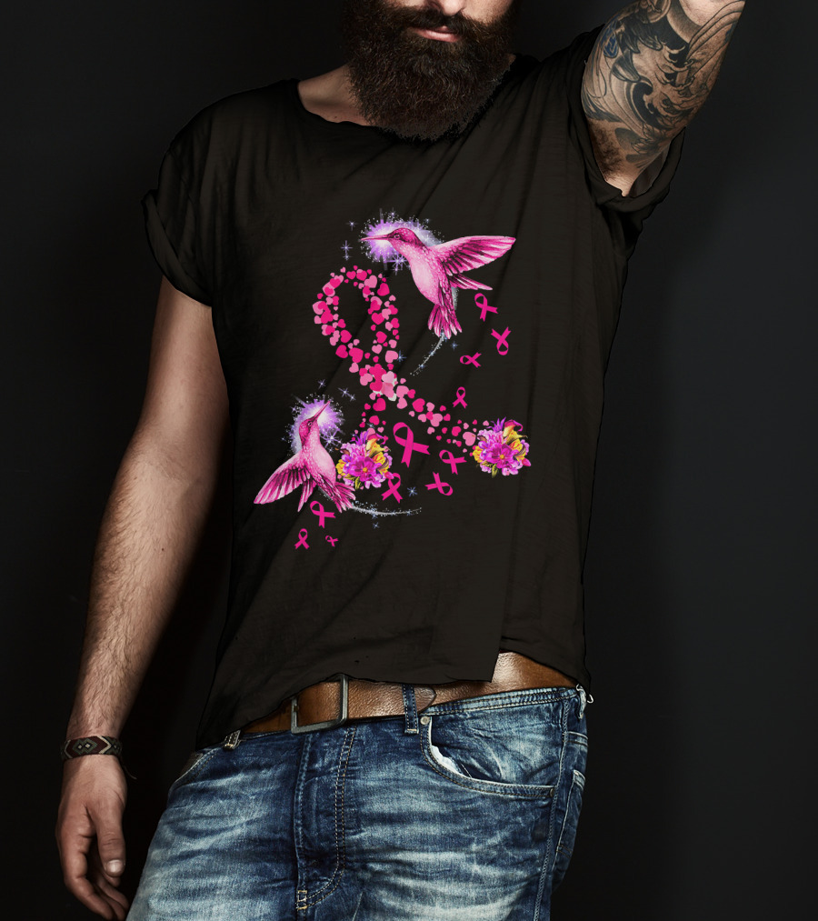 Hummingbird Heart Pink Ribbon Breast Cancer Awareness Flowers T-Shirt