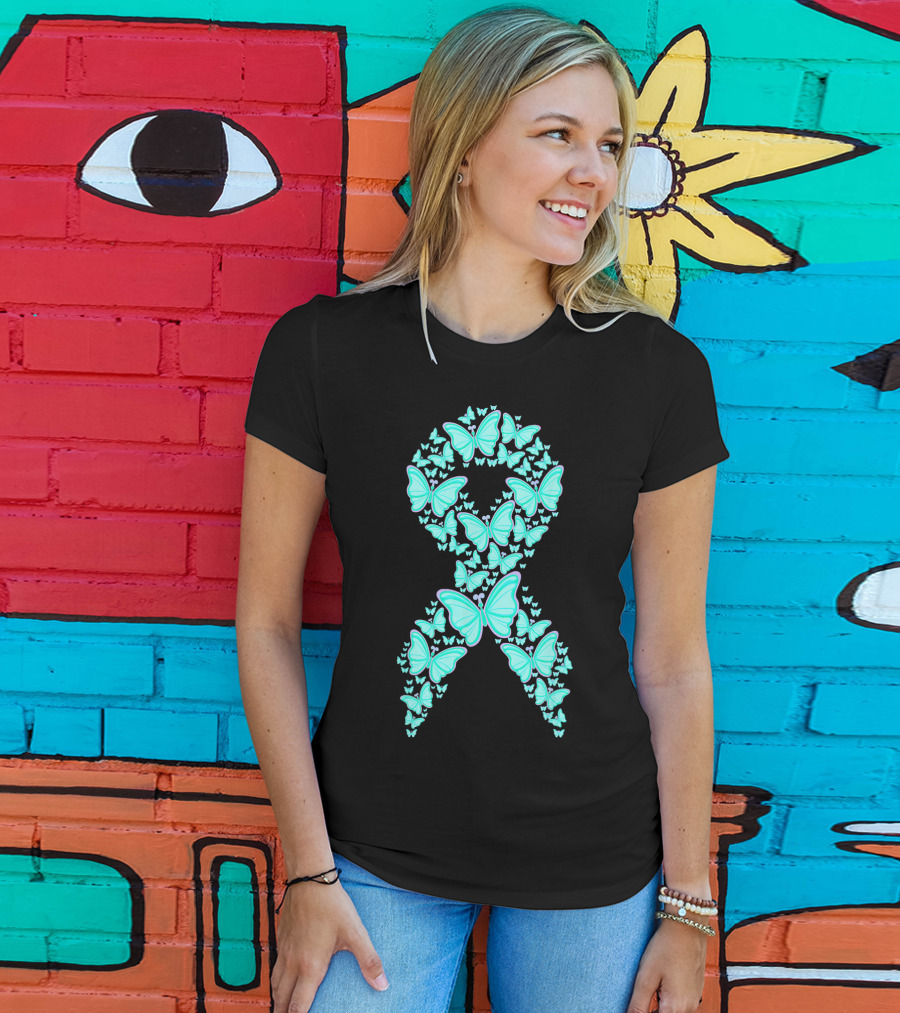 Ovarian Cancer Awareness Butterfly Ribbon Fighter T-Shirt