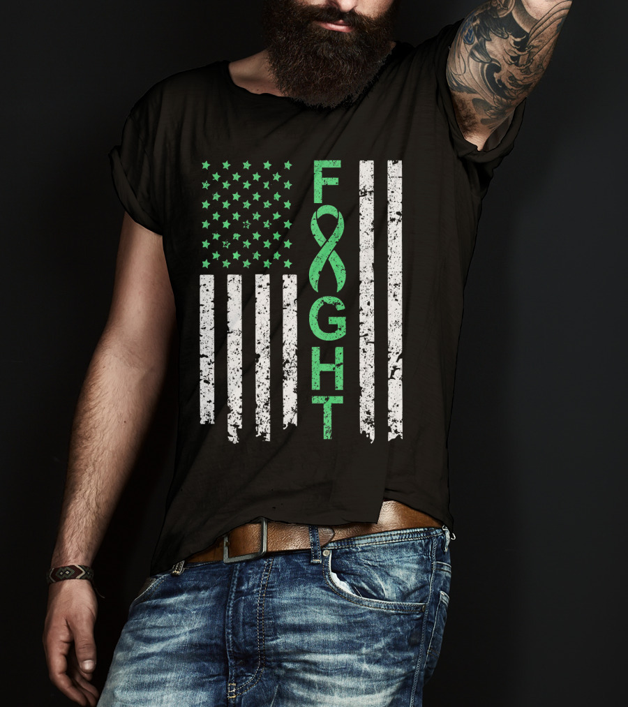 Liver Cancer Awareness Green Ribbon Fight American Flag T-Shirt