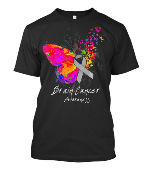 Brain Cancer Awareness Butterfly With Gray Ribbon And Colorful Wing Motif T-Shirt
