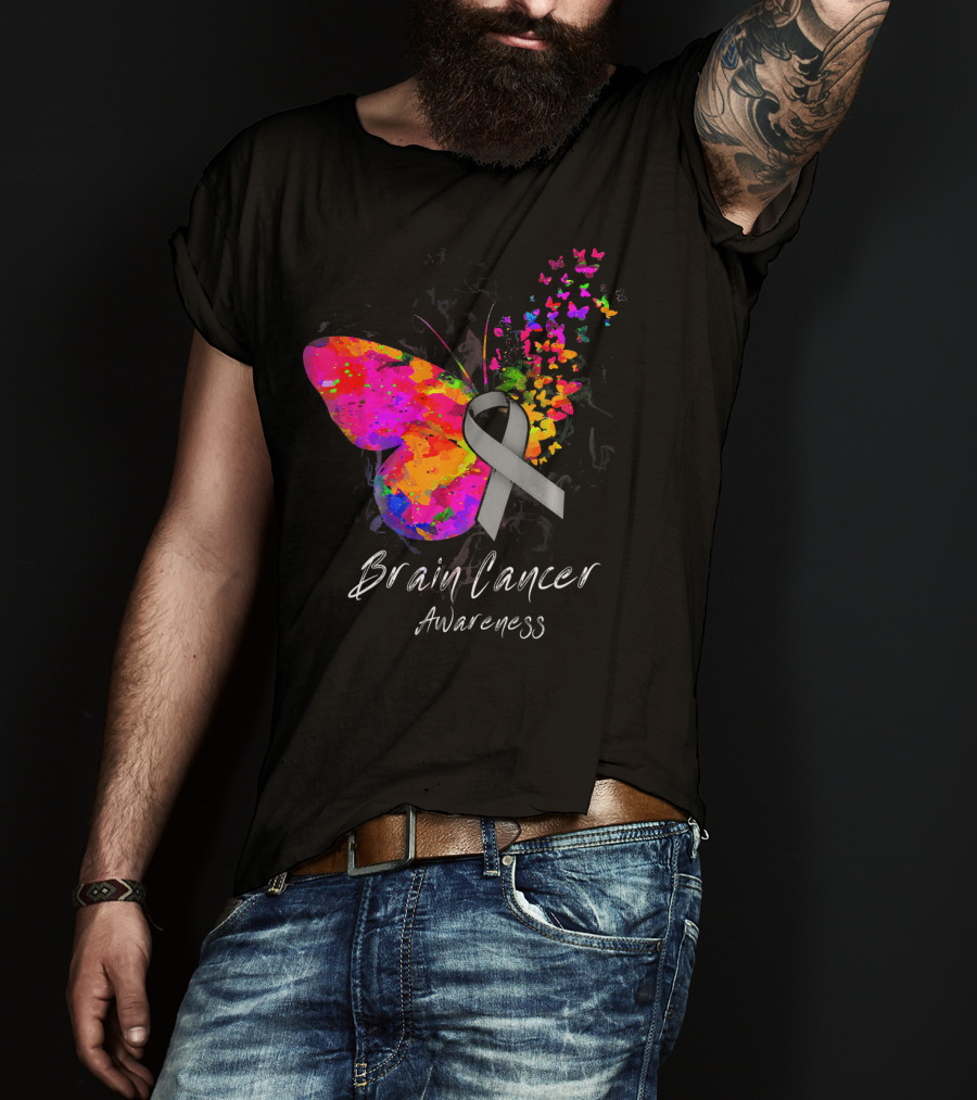 Brain Cancer Awareness Butterfly With Gray Ribbon And Colorful Wing Motif T-Shirt