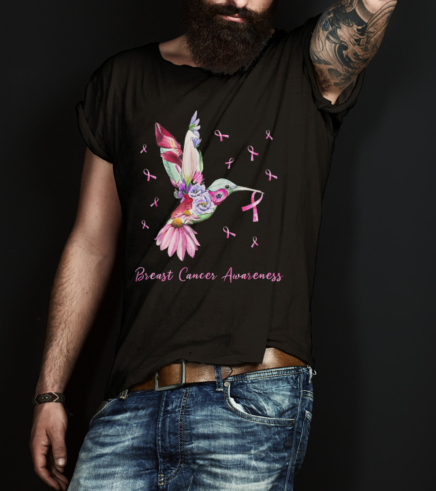 Breast Cancer Awareness Pink Ribbon Flower Hummingbird T-Shirt