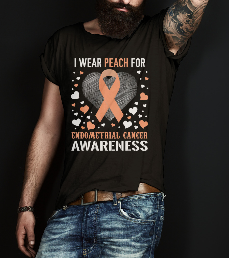I Wear Peach For Endometrial Cancer Awareness Ribbon Heart T-Shirt