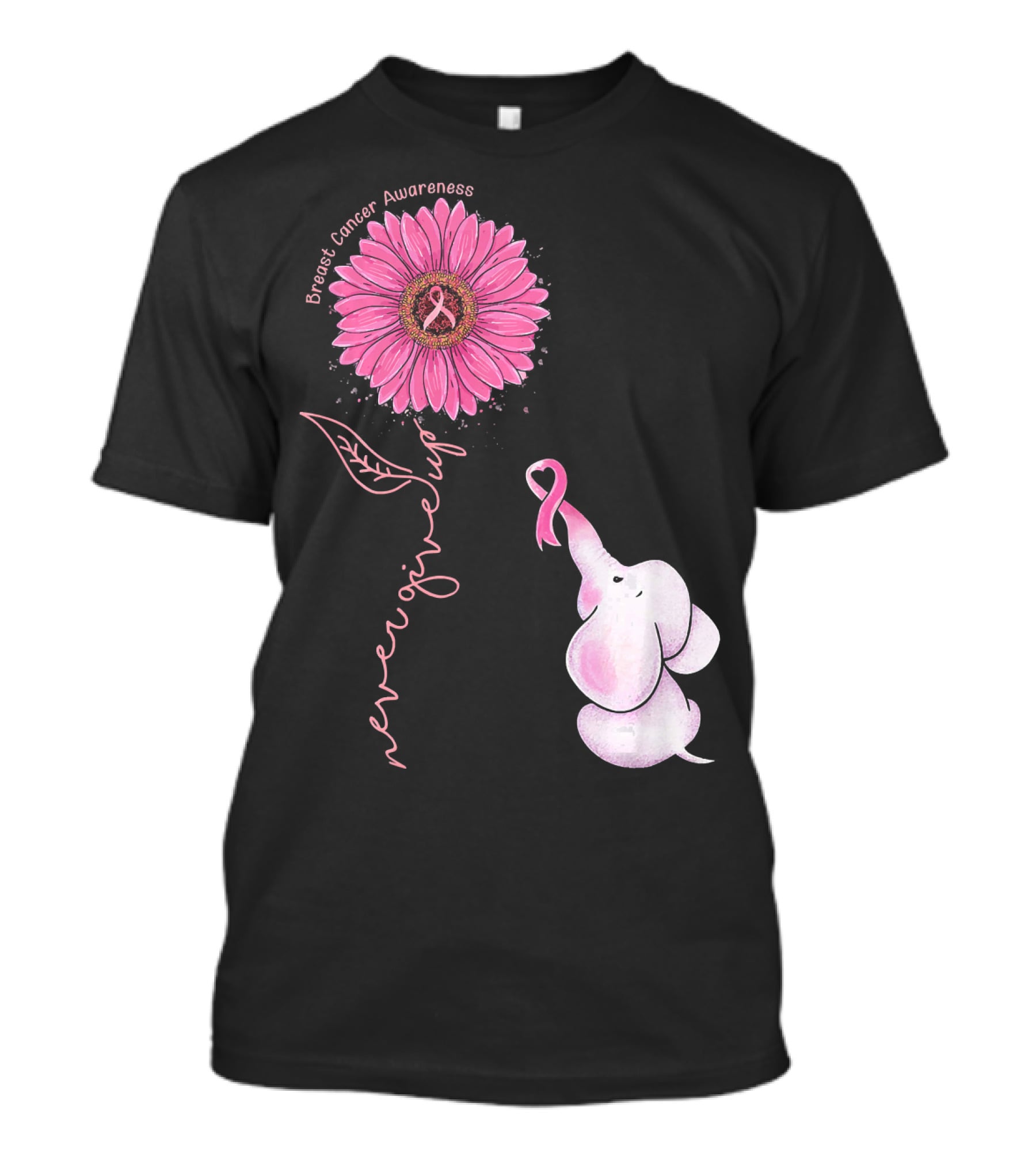 Breast Cancer Awareness Never Give Up Pink Ribbon Sunflower Elephant T-Shirt