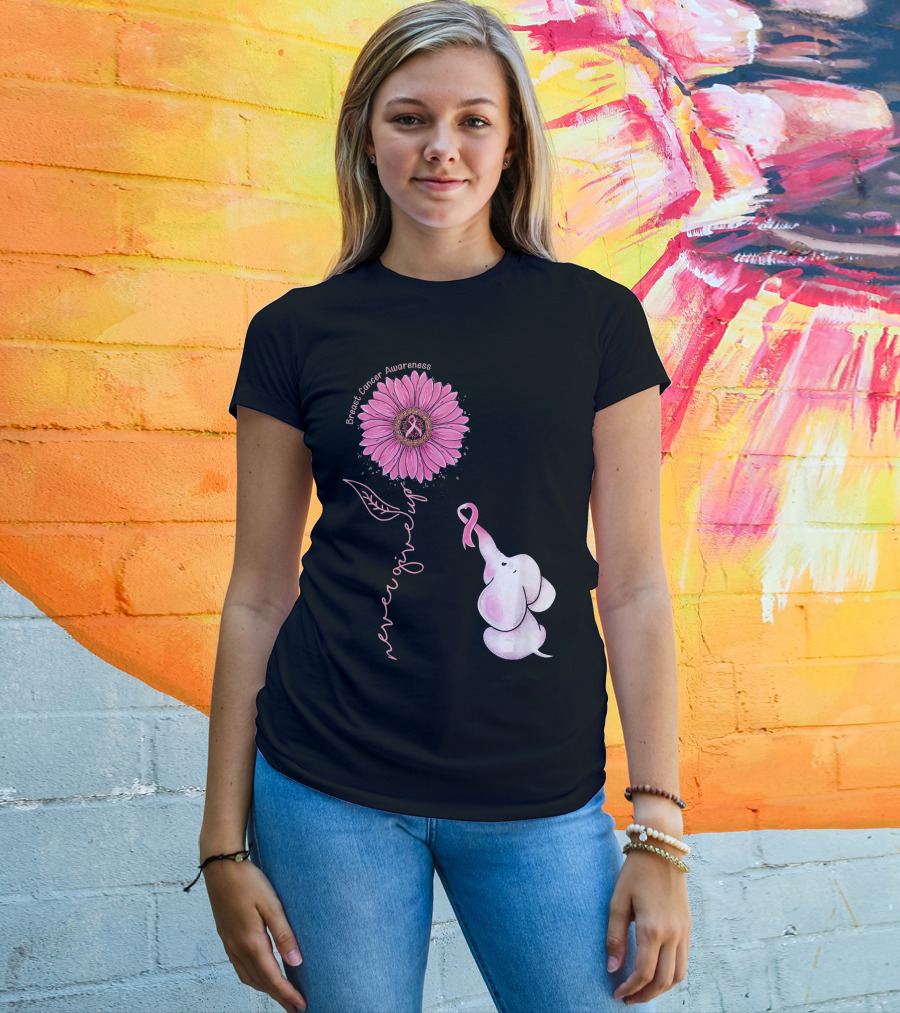 Breast Cancer Awareness Never Give Up Pink Ribbon Sunflower Elephant T-Shirt