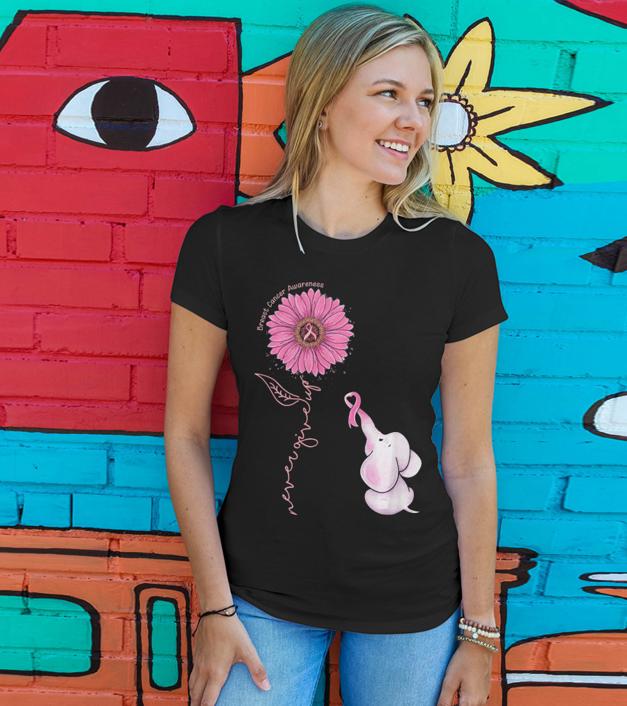 Breast Cancer Awareness Never Give Up Pink Ribbon Sunflower Elephant T-Shirt