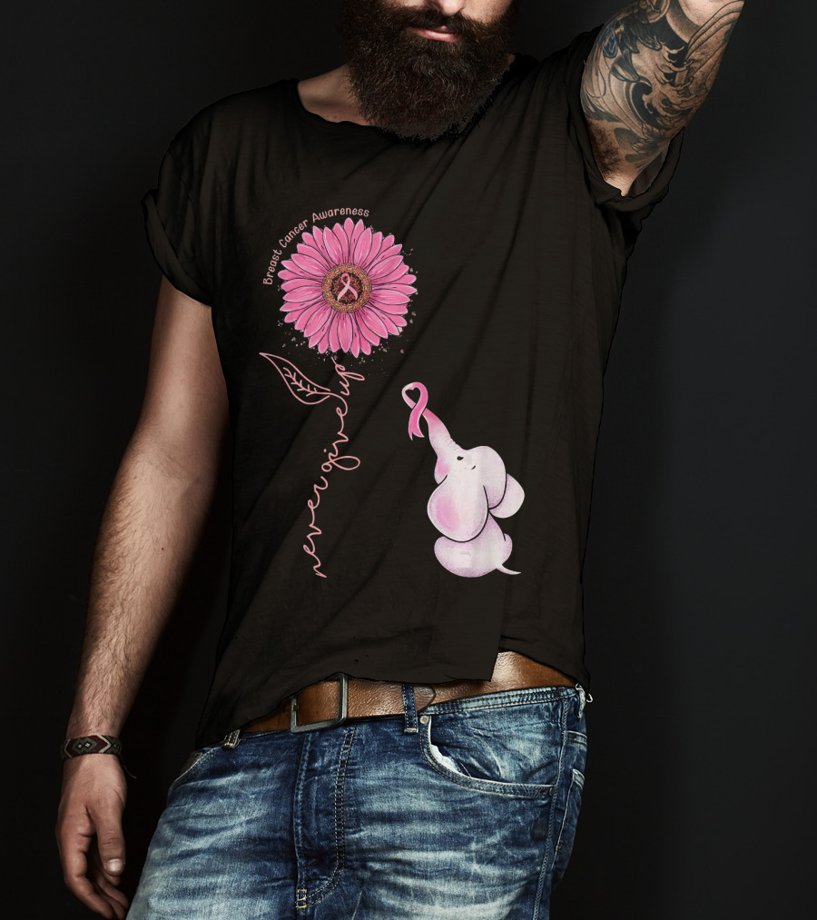 Breast Cancer Awareness Never Give Up Pink Ribbon Sunflower Elephant T-Shirt