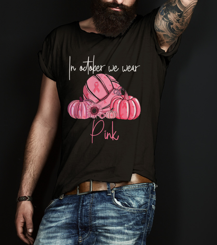 In October We Wear Pink Volleyball Pumpkins With Ribbons T-Shirt
