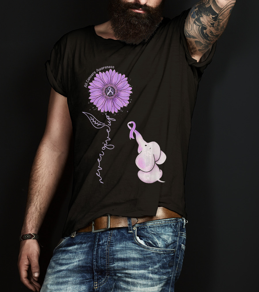 Never Giving Up All Cancers Awareness Sunflower Elephant T-Shirt