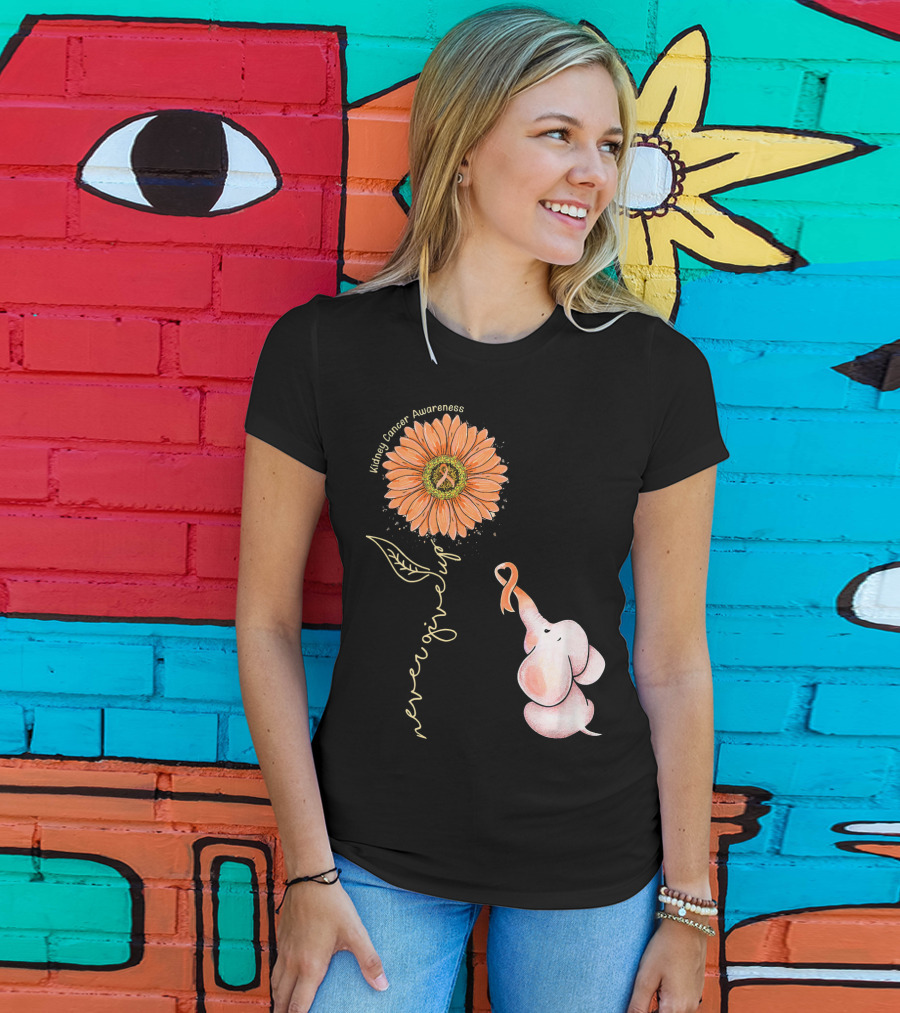 Kidney Cancer Awareness Sunflower Elephant Never Give Up T-Shirt