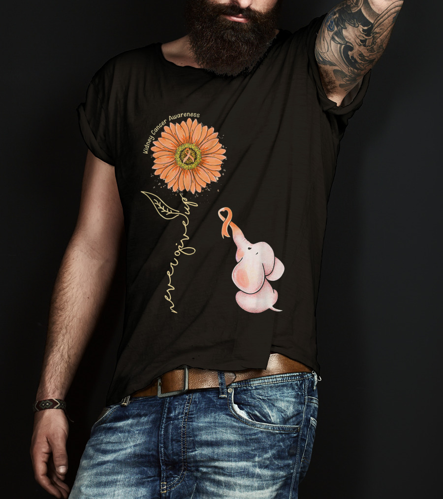 Kidney Cancer Awareness Sunflower Elephant Never Give Up T-Shirt