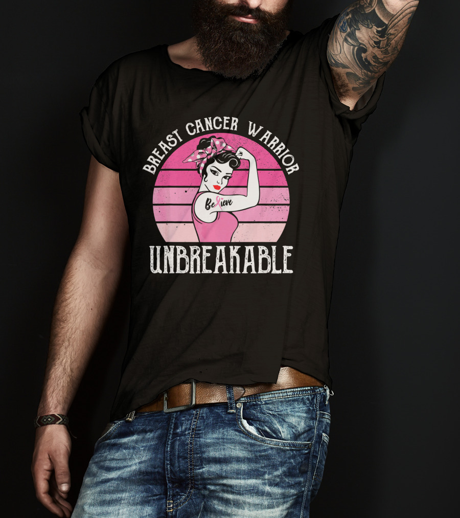 Breast Cancer Warrior Believe Unbreakable Retro Sunset T-Shirt