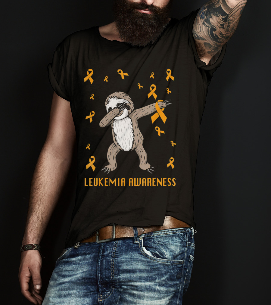 Leukemia Awareness Dabbing Sloth With Orange Ribbons T-Shirt