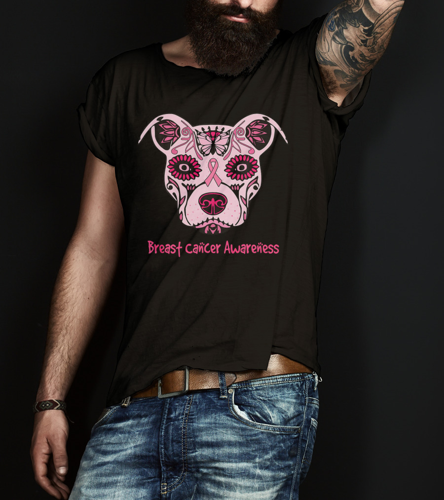 Sugar Pitbull Dog Breast Cancer Awareness Pink Ribbon T-Shirt