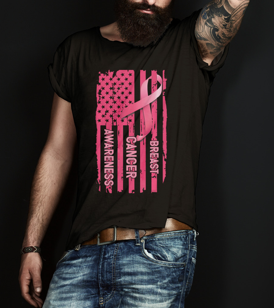American Flag Pink Ribbon Breast Cancer Awareness T-Shirt
