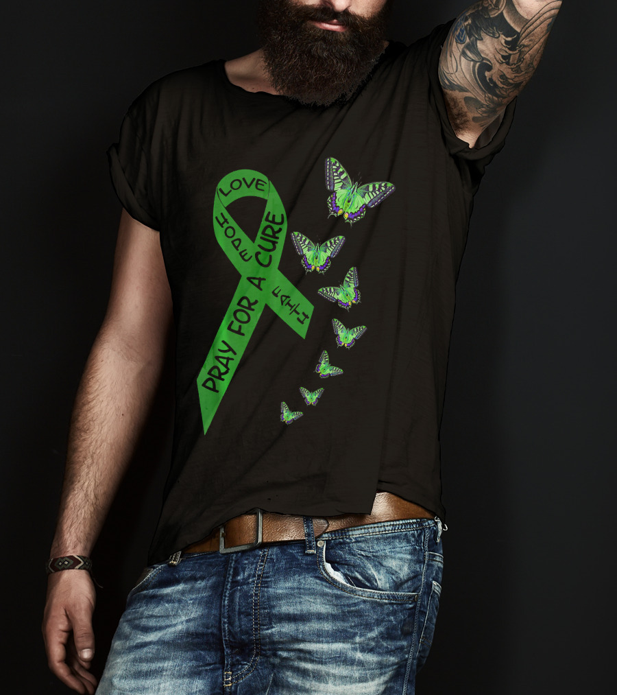 Liver Cancer Awareness Green Ribbon Pray For A Cure Hope Faith Love Butterflies T-Shirt