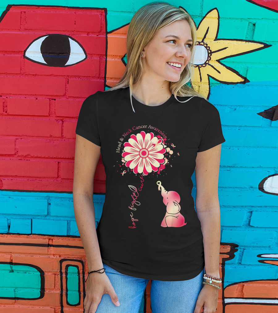 Head And Neck Cancer Awareness White And Burgundy Ribbon Hope Fight Cure Elephant Flower T-Shirt