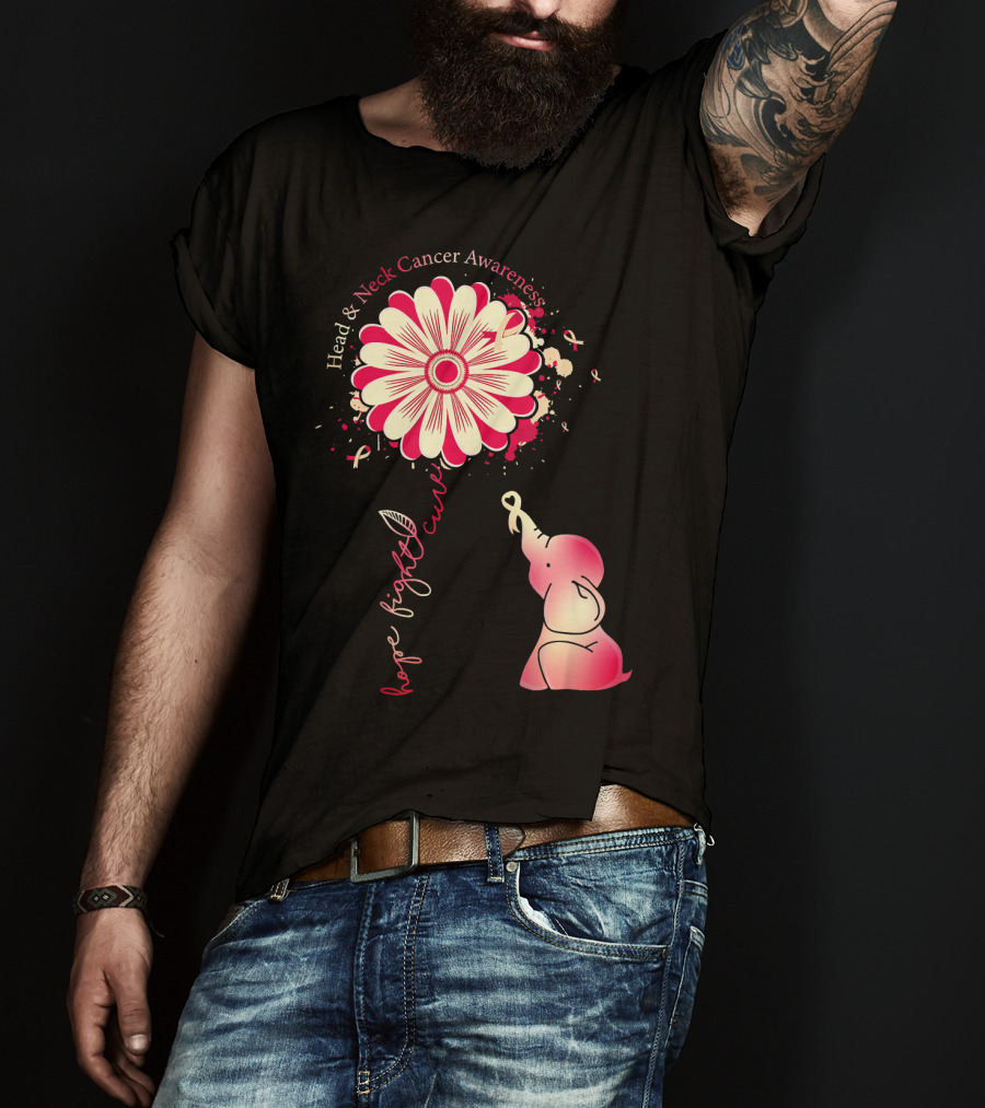 Head And Neck Cancer Awareness White And Burgundy Ribbon Hope Fight Cure Elephant Flower T-Shirt